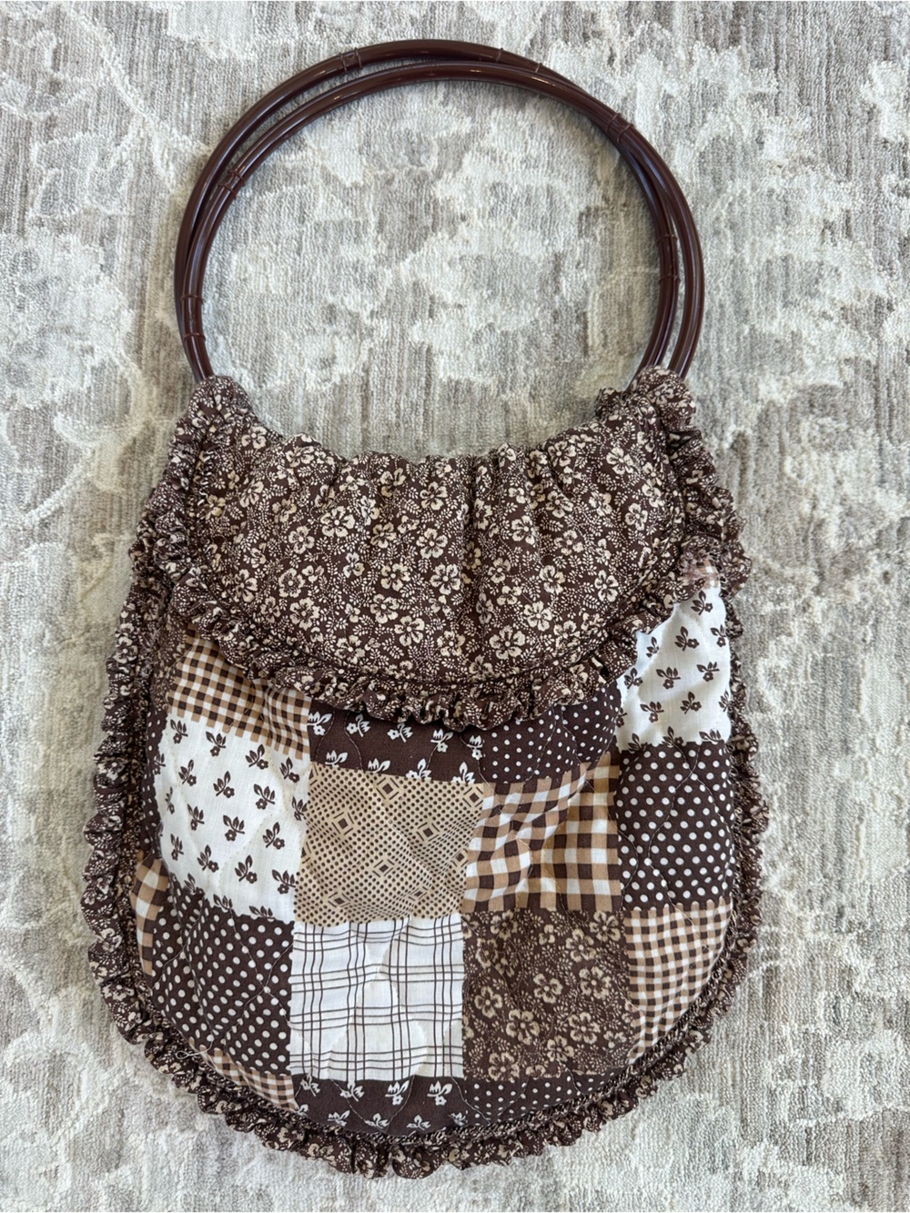 70s Vintage Brown Reversible Floral Gingham Patchwork Handmade Handbag Tote - Picture 4 of 6